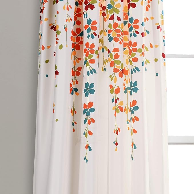 Lush Decor Weeping Flower Light Filtering Window Curtain Panels, Pair, 52"W x 95"L + 2" Header, Turquoise & Tangerine - Charming Modern Floral Curtains for Living Room, Dining Room, & Bedroom