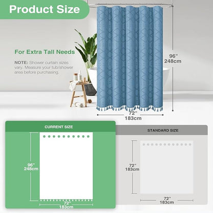 Extra Long Boho Shower Curtain Geometric 72"x96" Moonlight Blue | 96 Inch Tall, Elegant Tassel, Lightweight Textured Fabric, Water Repellent, Washable, Hotel Spa, for Bathroom/Dorm 12 Hooks