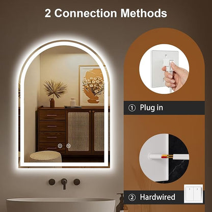 Arched LED Bathroom Mirror with Lights, 20" x 28" Lighted Vanity Mirror | Anti-Fog, Dimmable 3 Colors, Backlit + Frontlit, HD Shatterproof Tempered Glass, Memory Function