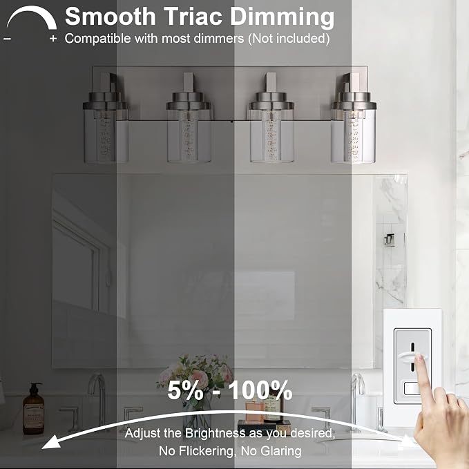 MELUCEE 4-Light LED Bathroom Lighting Fixtures Brushed Nickel 3000K-6000K | Dimmable LED Vanity Light for Bathroom 5CCT Bubble Crystal Bath Wall Lights with Clear Glass Shade, Built-In Led Chips