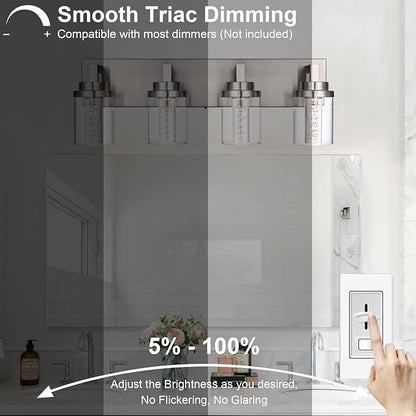 MELUCEE 4-Light LED Bathroom Lighting Fixtures Brushed Nickel 3000K-6000K | Dimmable LED Vanity Light for Bathroom 5CCT Bubble Crystal Bath Wall Lights with Clear Glass Shade, Built-In Led Chips
