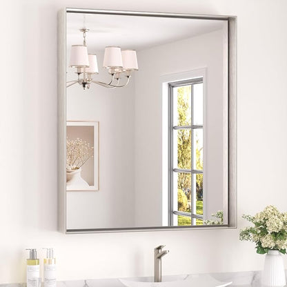 Keonjinn 30x36 Inch Nickel Bathroom Mirror for Over Sink, Rectangular | HD Tempered Glass, Vanity Mirror, Brushed Framed, Square Corner, Modern Farmhouse, Wall Mounted Mirrors, Aluminum Alloy