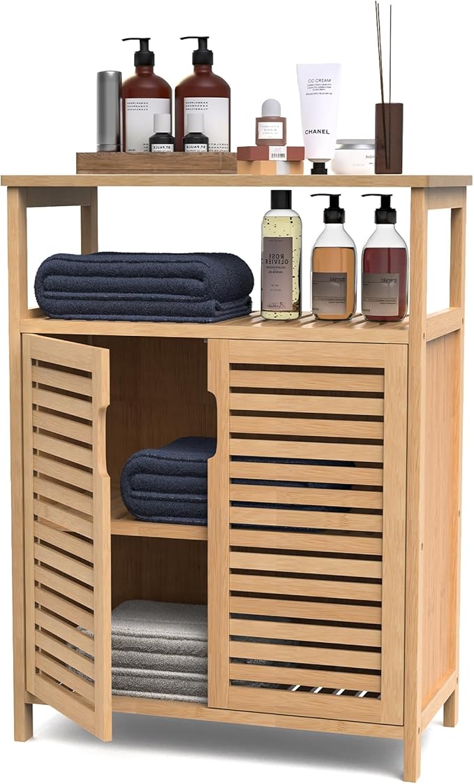 Bathroom Storage Cabinet, Freestanding Floor Cabinet with 2 Doors and Top Shelf for Kitchen, Entryway, Living Room