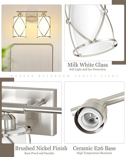 2-Light Brushed Nickel Bathroom Light Fixtures with Milk Frosted Glass, 13" Modern Bathroom Vanity Lighting Fixtures Over Mirror with Metal Cage, Wall Sconce Light for Bath, E26, CH9176BNW-2W