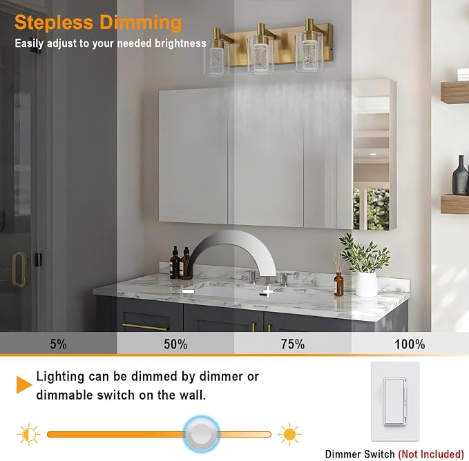 SineRise Vanity Light with 3 Color Modes (3000K/4000K/6000K), Eye Protection LED Bathroom Light Fixture, Dimmable Modern Wall Light Over Mirror with Clear Glass Shade (Gold, 3-Light)