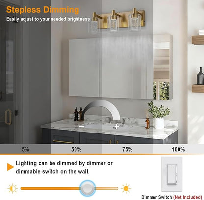 SineRise Vanity Light with 3 Color Modes (3000K/4000K/6000K), Eye Protection LED Bathroom Light Fixture, Dimmable Modern Wall Light Over Mirror with Clear Glass Shade (Gold, 3-Light)