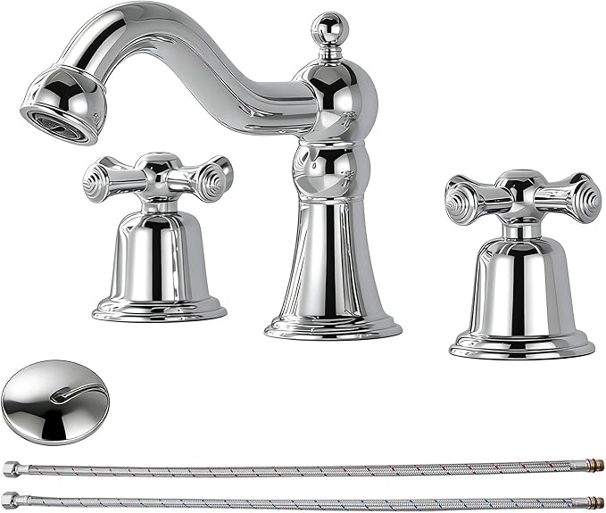RKF Bathroom Faucets for Sink 3 Hole Chrome 8 inch Widespread Bathroom Sink Faucet with Drain 2 Handles Cross Knobs Faucet Bathroom Vanity Faucet Basin Mixer Tap CWF033-CP