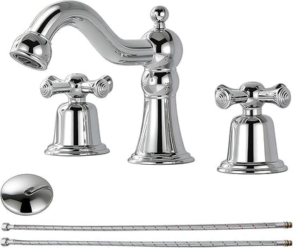 RKF Bathroom Faucets for Sink 3 Hole Chrome 8 inch Widespread Bathroom Sink Faucet with Drain 2 Handles Cross Knobs Faucet Bathroom Vanity Faucet Basin Mixer Tap CWF033-CP