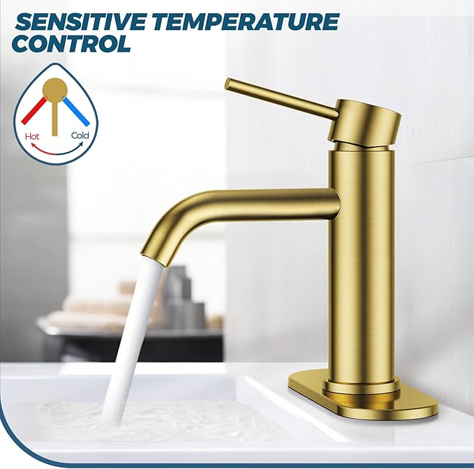 FORIOUS Gold Bathroom Faucets 1 Hole, Stainless Steel Bathroom Sink Faucet with Metal Pop up Drain and Supply Hose, Suitable for Vanity Lavatory Restroom Remodel