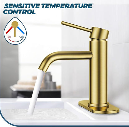 FORIOUS Gold Bathroom Faucets 1 Hole, Stainless Steel Bathroom Sink Faucet with Metal Pop up Drain and Supply Hose, Suitable for Vanity Lavatory Restroom Remodel