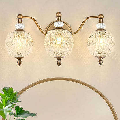 Vintage Bathroom Vanity Light, 3-Light Mid Century Matte Antique Brass Finish Wall Sconce with Globe Glass Shades, Retro Mirror Light for Bathroom, Powder Room