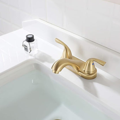 Brushed Gold Bathroom Faucet 4 Inch Centerset for Lavatory Sink | Mid Arc, 2 Handle Lead-Free RV Bathroom Faucet with Metal Pop Up Drain Supply Lines, for 2 or 3 Hole Lavatory Utility Sink