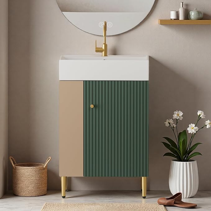 21.6" Freestanding Bathroom Vanity with Ceramic Sink, Green | Ceramic Sink, Wave-Pattern Door & Two-Layer Left Open Compartment, Bathroom Storage Cabinet, Easy Installation
