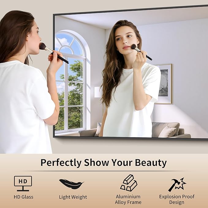 Bathroom Black Mirror, 36x55in Black Rectangle Mirror with Thin Metal Frame, Large Rectangular Wall Mirror for Bathroom, Living Room, Hair Salon, Big Farmhouse Mirror Hang Horizontal/Vertical