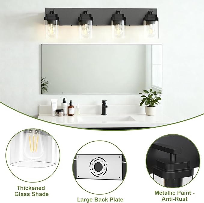 Black Bathroom Light Fixtures, 4 Lights Bathroom Lighting Fixtures Over Mirror, Square Design & Rectangle Large Backplate, Modern Vanity Lighting Fixtures, for Bathroom/Living Room/Bedroom