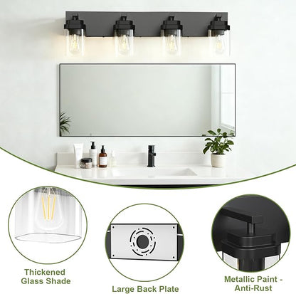 Black Bathroom Light Fixtures, 4 Lights Bathroom Lighting Fixtures Over Mirror, Square Design & Rectangle Large Backplate, Modern Vanity Lighting Fixtures, for Bathroom/Living Room/Bedroom