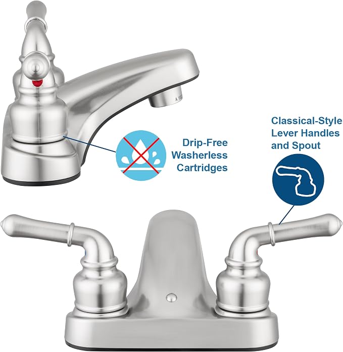 Pacific Bay Lynden Bathroom Sink Faucet, Plated ABS (Satin Nickel) 2 Pack | Lightweight, rustproof, and easy to install; smooth valve control for kitchen, bath, or laundry sinks. Durable plastic build.