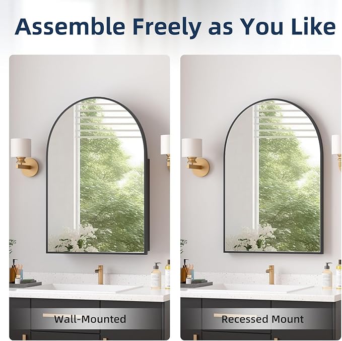 Medicine Cabinets for Bathroom, Black Arched Medicine Cabinet Recessed or Surface Wall-Mounted,Modern Bathroom Vanity Mirror with Storage, Mirrored Cabinet with Adjustable Shelves,20x30 Inch