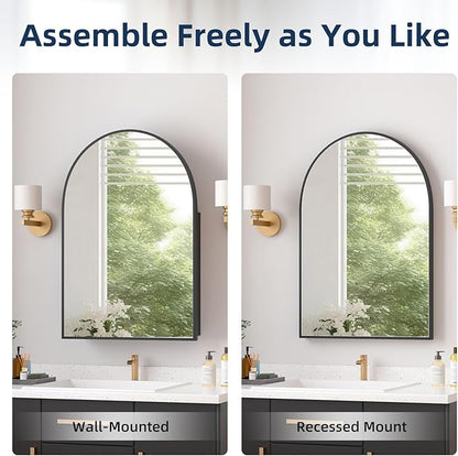 Medicine Cabinets for Bathroom, Black Arched Medicine Cabinet Recessed or Surface Wall-Mounted,Modern Bathroom Vanity Mirror with Storage, Mirrored Cabinet with Adjustable Shelves,20x30 Inch