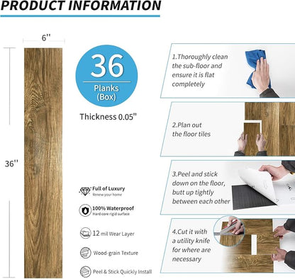 Art3d Wood Texture Peel and Stick Vinyl Floor Planks, 36-Pack, Ashtree | Cover 54 sq.ft, Waterproof, Self-Adhesive, Scratch Resistant, Premium Vinyl, Ideal for Bedroom, Living Room, Kitchen, RV