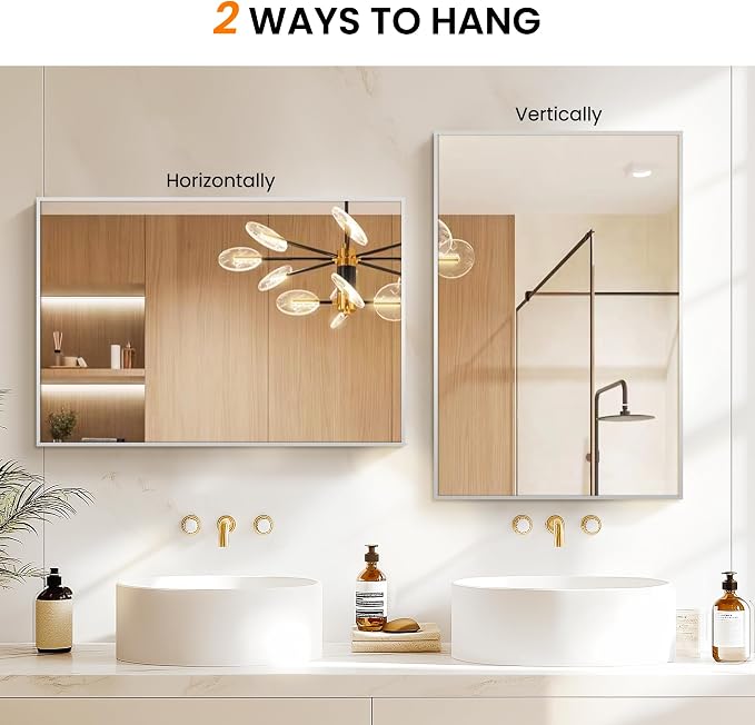 Bathroom Vanity Mirror for Wall, 24"x36" Bathroom Mirror for Over Sink | HD Shatterproof Glass, Rectangular Metal Frame, Horizontally or Vertically, Mirror for Bathroom, Living Room, Entryway,Silver
