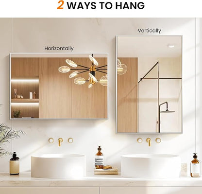 Bathroom Vanity Mirror for Wall, 24"x36" Bathroom Mirror for Over Sink | HD Shatterproof Glass, Rectangular Metal Frame, Horizontally or Vertically, Mirror for Bathroom, Living Room, Entryway,Silver