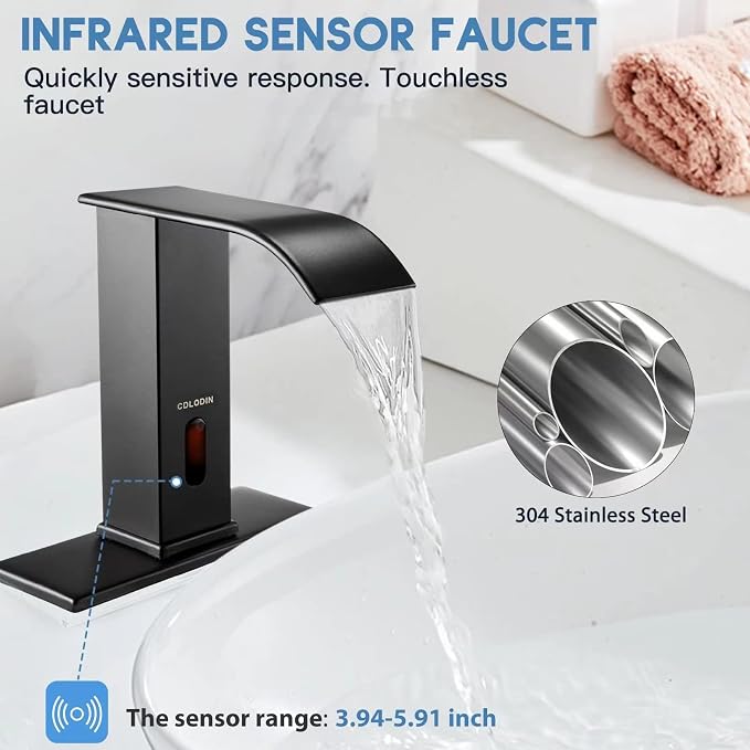 Touchless Bathroom Faucet, Automatic Sensor Waterfall Bathroom Tap, Modern Stainless Matte Black Sink, Hands Free Motion Sensor Lavatory Faucets for Sink 1 Hole