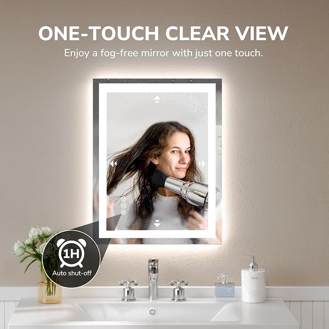 LED Bathroom Mirror 20x28 Inch Tempered Glass - Frameless LED Backlit Lighted Mirror for Bathroom Vanity with Anti-Fog, 3 Colors Dimmable, Memory Function, Wall-Mounted