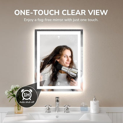 LED Bathroom Mirror 20x28 Inch Tempered Glass - Frameless LED Backlit Lighted Mirror for Bathroom Vanity with Anti-Fog, 3 Colors Dimmable, Memory Function, Wall-Mounted