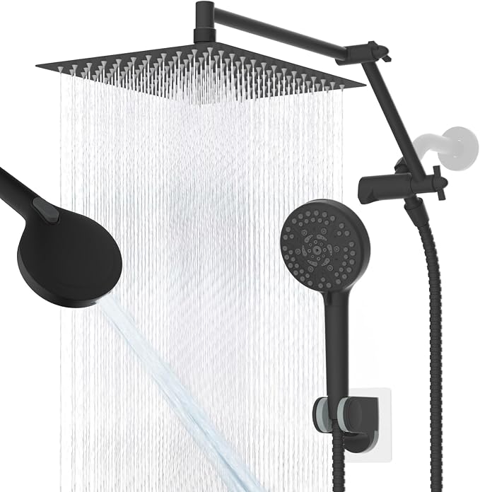 12" Metal Rain Shower Head with Handheld, High-Pressure Showerhead,10-Mode | Black, Rainfall Shower Head with 5" Large Handheld Spray, Adjustable 16" Shower Extension Arm/71" Hose, Brass 3-Way Diverter