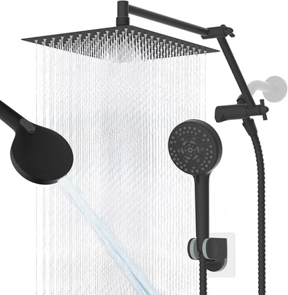 12" Metal Rain Shower Head with Handheld, High-Pressure Showerhead,10-Mode | Black, Rainfall Shower Head with 5" Large Handheld Spray, Adjustable 16" Shower Extension Arm/71" Hose, Brass 3-Way Diverter
