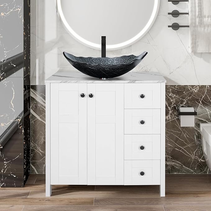 32" White Bathroom Vanity with Marble Texture Top and 4 Drawers, Modern Standing Pedestal Cabinet with Leaf Silver Glass Vessel Sink