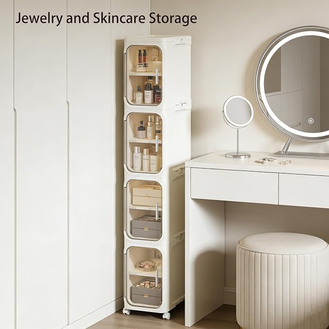 2-Tier Narrow Storage Cabinet Slim Bathroom Skinny Organizer with Wheels | Slim Storage Cabinet with Lockable Rolling Wheels Adjustable Detachable Shelves Snap Assembly for Small Spaces,Snow White