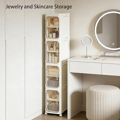 2-Tier Narrow Storage Cabinet Slim Bathroom Skinny Organizer with Wheels | Slim Storage Cabinet with Lockable Rolling Wheels Adjustable Detachable Shelves Snap Assembly for Small Spaces,Snow White