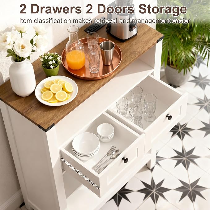 Bathroom Floor Cabinet with Outlets, Farmhouse White Cabinet with Doors, Drawer, Bathroom Storage Cabinet Hutch Cupboard Organizer for Kitchen Pantry, Laundry, Entryway, Rustic