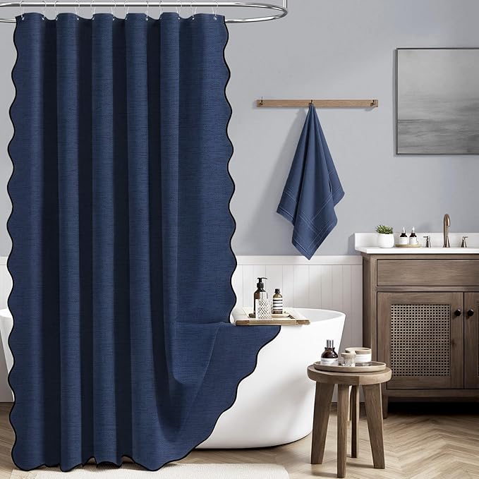 BTTN Boho Stall Shower Curtain, 36 Inch Small Scalloped Linen Textured Heavy Duty Fabric Shower Curtain Set with 6 Hook, Small Elegant Vintage Country Waterproof Cloth Bath Curtains, Navy Blue, 36x72