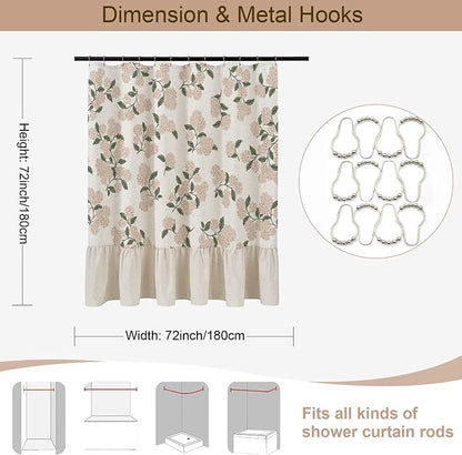ORTIGIA Linen Textured Ruffle Shower Curtain with Metal Hooks, Vintage Light Pink Hydrangea Floral Boho Waterproof Bath Curtain for Rustic Farmhouse Bathroom Decor 72x72 Inch