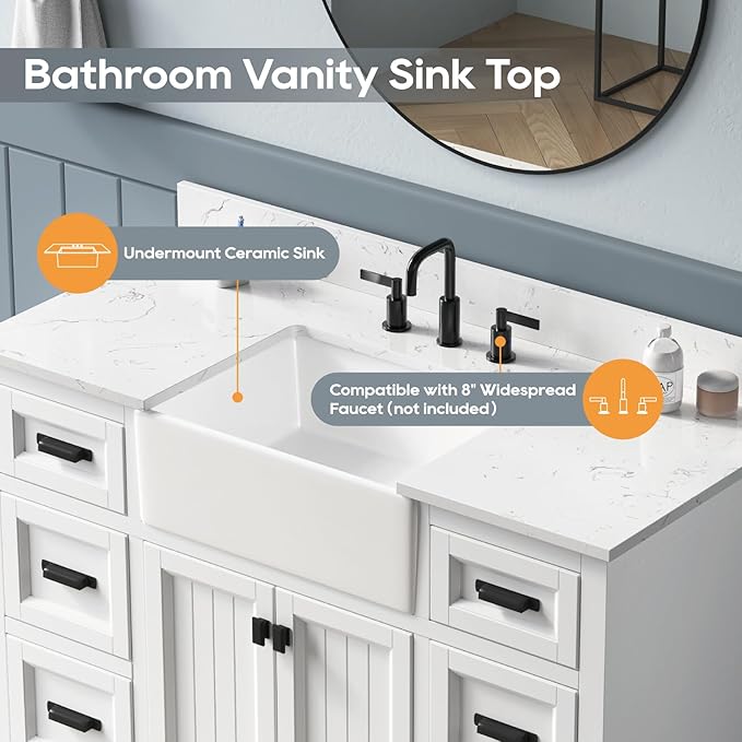 48 Inch Bathroom Vanity with Sink, Solid Wooden Frame Bathroom Storage Cabinet, Modern Bathroom Vanities Set Bathroom Cabinet with Soft Closing Doors & Drawers-White