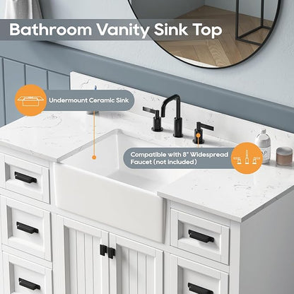 48 Inch Bathroom Vanity with Sink, Solid Wooden Frame Bathroom Storage Cabinet, Modern Bathroom Vanities Set Bathroom Cabinet with Soft Closing Doors & Drawers-White