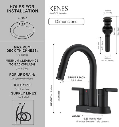 KENES Matte Black Centerset Bathroom Faucet with Pull Out Sprayer, 4 Inch 2 Handle Pull Down Bathroom Faucet 3 Hole, Bathroom Sink Faucet with Pop Up Drain & Supply Lines LJ-9069-2