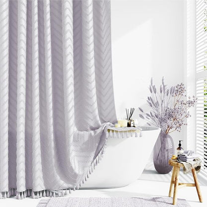 Extra Long Boho Shower Curtain Tufted Chevron 72"x84" Laverder | 84 Inch Tall, Elegant Tassel, Lightweight Textured Fabric, Water Repellent, Washable, Hotel Spa, for Bathroom/Dorm 12 Hooks