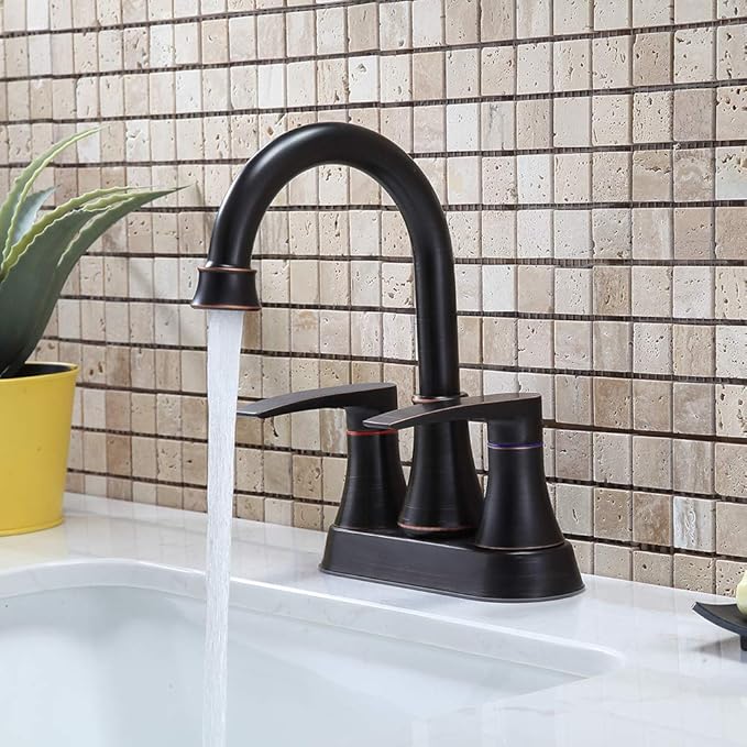Lead-Free 2-Handle Oil Rubbed Bronze Bathroom Sink Faucet, 360° Swivel High-Arc Spout 4 Inch Centerset Bath Lavatory Vanity Faucets Set for Bathroom Sinks with Drain & Water Hoses, VABM80008H