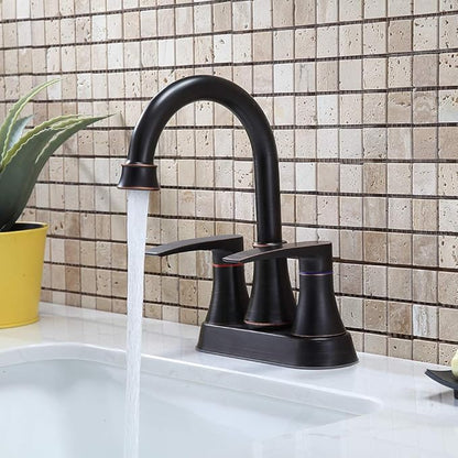 Lead-Free 2-Handle Oil Rubbed Bronze Bathroom Sink Faucet, 360° Swivel High-Arc Spout 4 Inch Centerset Bath Lavatory Vanity Faucets Set for Bathroom Sinks with Drain & Water Hoses, VABM80008H
