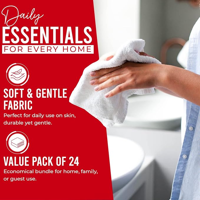 DAN RIVER 24 Pack Cotton Wash Cloths Set for Showering [12x12] Red | Lighter Weight, Quick to Dry, Super Soft & Absorbent Face Towels, Hotel Quality, Perfect for Bathroom, Gym, Spa