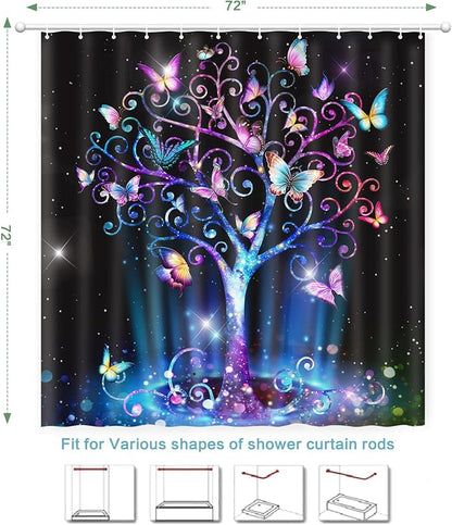 Shower Curtain Butterfly Tree, Shower Curtain for Bathroom, Fluorescence Tree Shower Curtain Sets with 12 Hooks Waterproof Polyester Fabric Machine Washable Home Office Farmhouse Decor Bath Curtains
