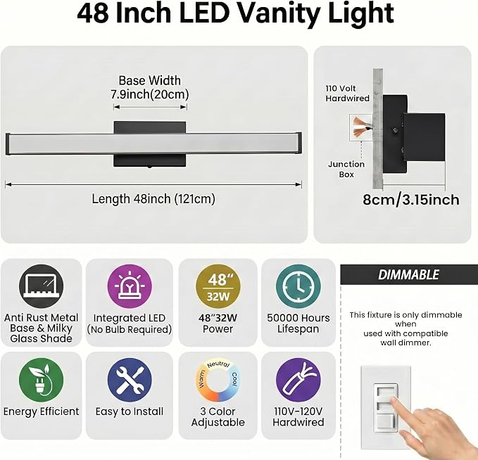 URSOLA 48" Modern LED Bathroom Light Fixtures, Matte Black 3CCT Dimmable Bathroom Vanity Light Over Mirror, Bathroom Vanity Bath Bar Lights with Double Layer Acrylic Shade