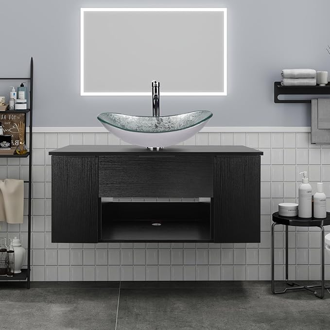 36 Inch Black Floating Bathroom Vanity with 2-Doors and 1-Drawer, Modern Wall Mounted Cabinet with Silver Boat Glass Vessel Sink