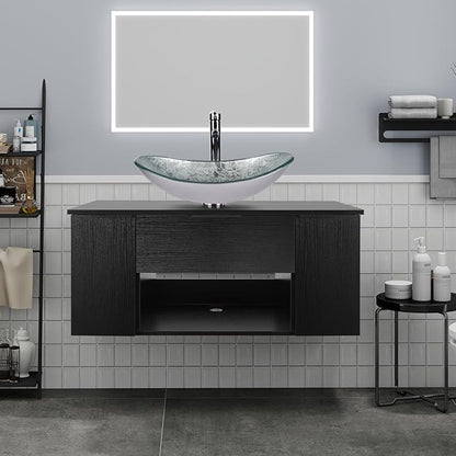 36 Inch Black Floating Bathroom Vanity with 2-Doors and 1-Drawer, Modern Wall Mounted Cabinet with Silver Boat Glass Vessel Sink