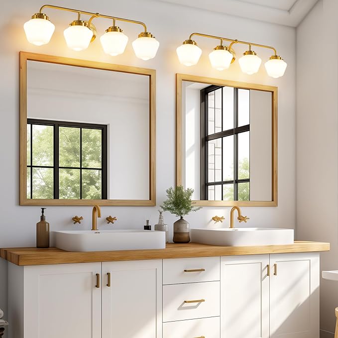 Bathroom Vanity Light Fixtures: 4 Lights Brushed Gold Vanity Lights for Bathroom, E26 60w Hardwired Wall Sconce Lighting with Frosted Milky Glass Over Mirror (Exclude Bulb)