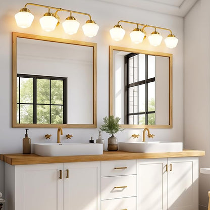 Bathroom Vanity Light Fixtures: 4 Lights Brushed Gold Vanity Lights for Bathroom, E26 60w Hardwired Wall Sconce Lighting with Frosted Milky Glass Over Mirror (Exclude Bulb)